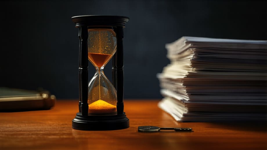 Reloj de arena dorado junto a documentos ordenados