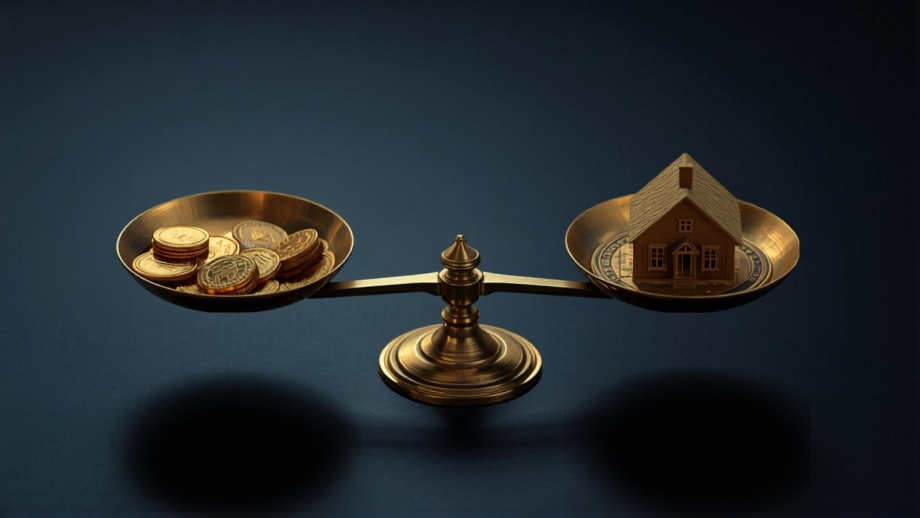 Balanza dorada equilibrando monedas y una casa pequeña