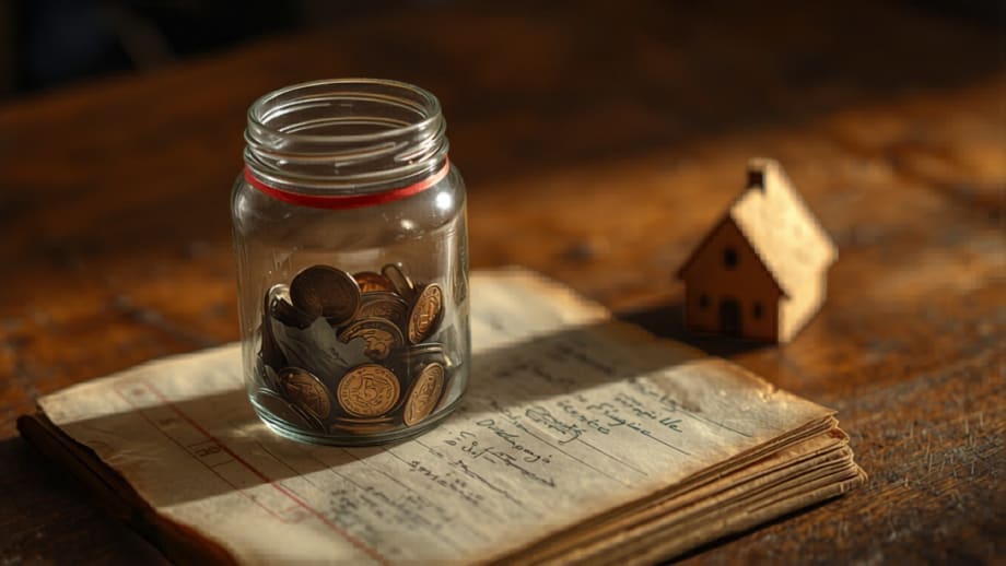 Frasco con monedas hasta una marca roja junto a libreta de ahorro y casita