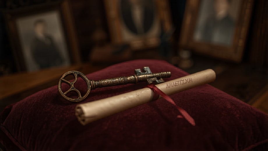 Llave de bronce sobre cojín de terciopelo junto a escritura y retratos al fondo