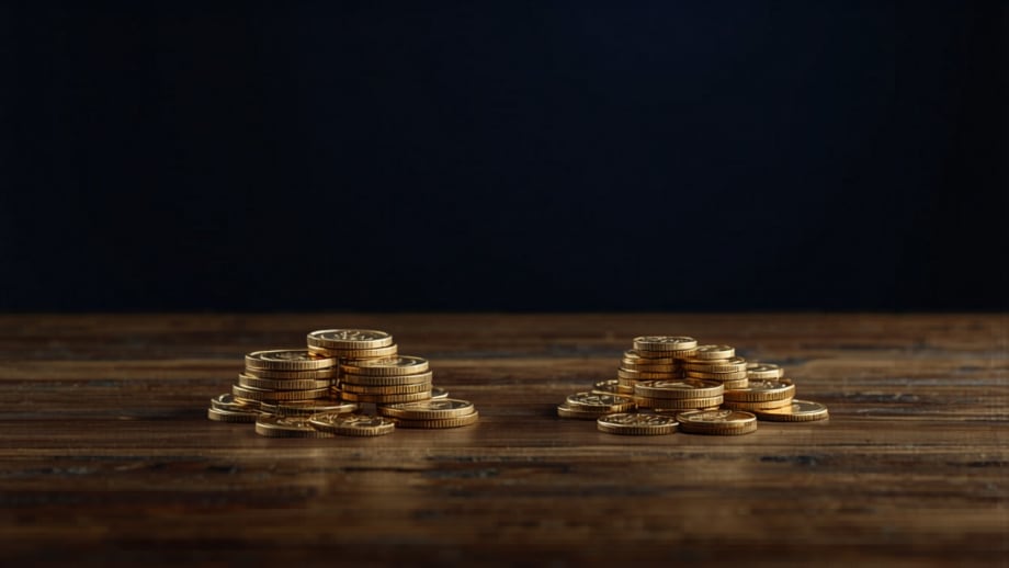 Dos montones de monedas: uno junto a un documento sellado y otro junto a una llave