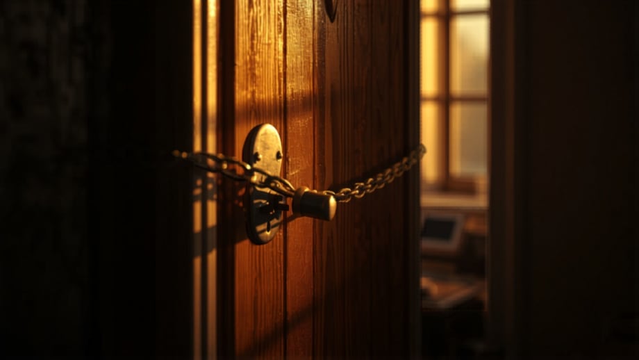Puerta con cadena de seguridad puesta vista desde adentro con contrato en la mesa