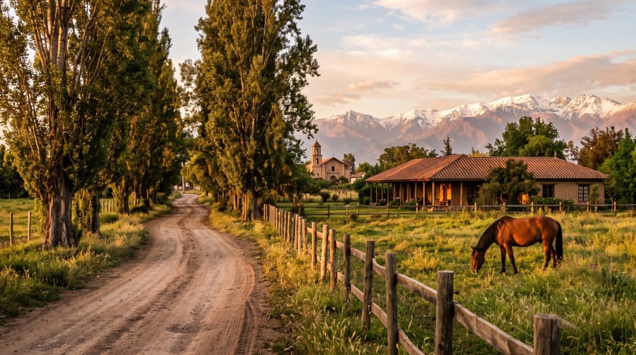 Camino rural de Calera de Tango entre álamos con un caballo pastando y una iglesia colonial al fondo