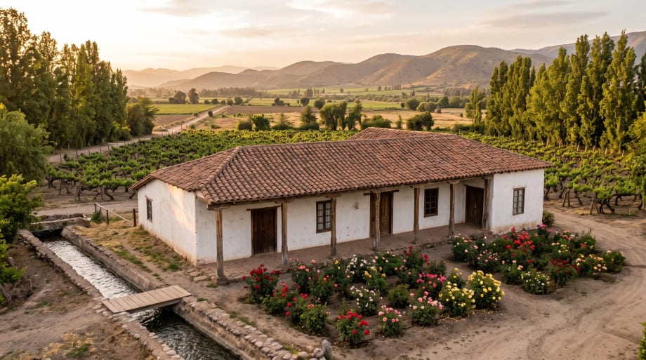 Casona patronal de adobe blanco con corredor, rosales y acequia entre parras en El Monte