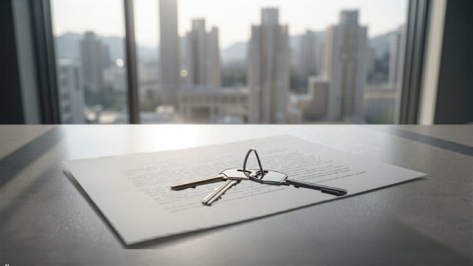 Llaves sobre un contrato en el mesón de una cocina de departamento moderno