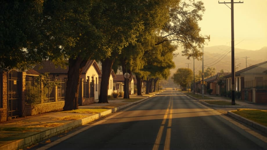 Calle residencial de Melipilla al atardecer con casas de fachada continua y cerros al fondo