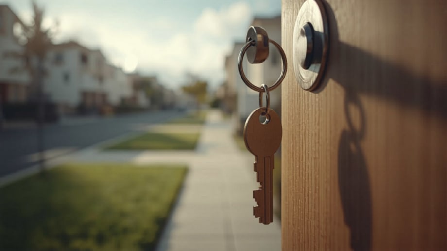 Llave con llavero de madera en la puerta de una casa nueva de condominio