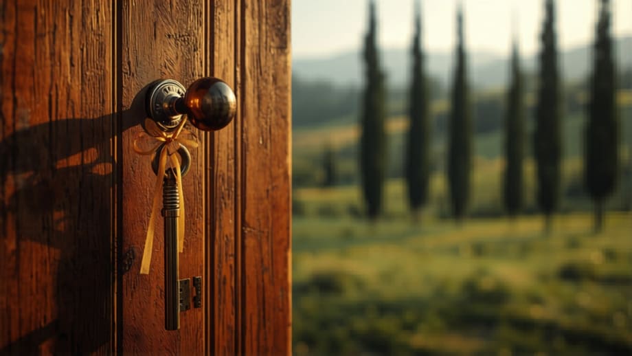 Llave con cinta dorada en la puerta de una casona con álamos al fondo