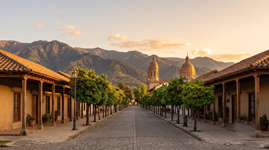 Calle de Linares con naranjos y las cúpulas de la catedral doradas por el atardecer
