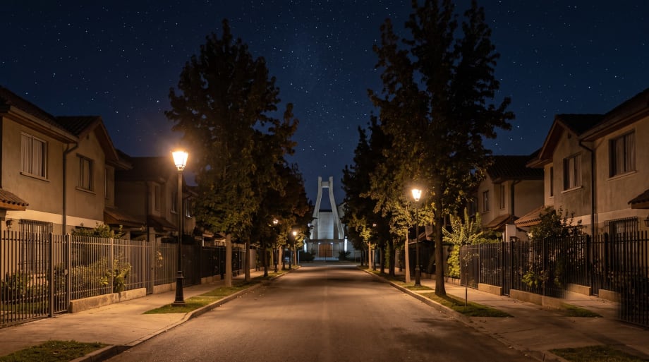 Calle residencial de Maipú de noche con el Templo Votivo iluminado entre los árboles