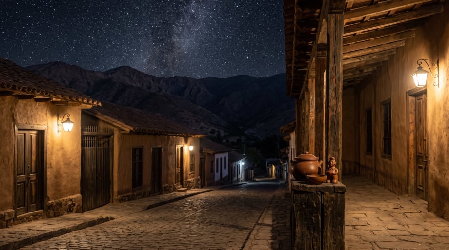 Esquina tradicional de Melipilla de noche con artesanía de greda sobre el pilar de un corredor