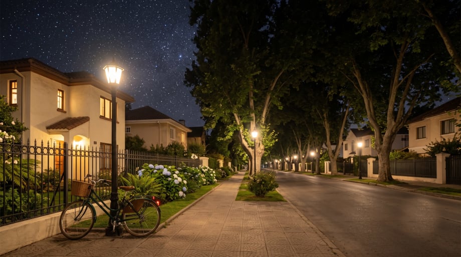 Vereda arbolada de Ñuñoa de noche con una bicicleta apoyada en una reja baja