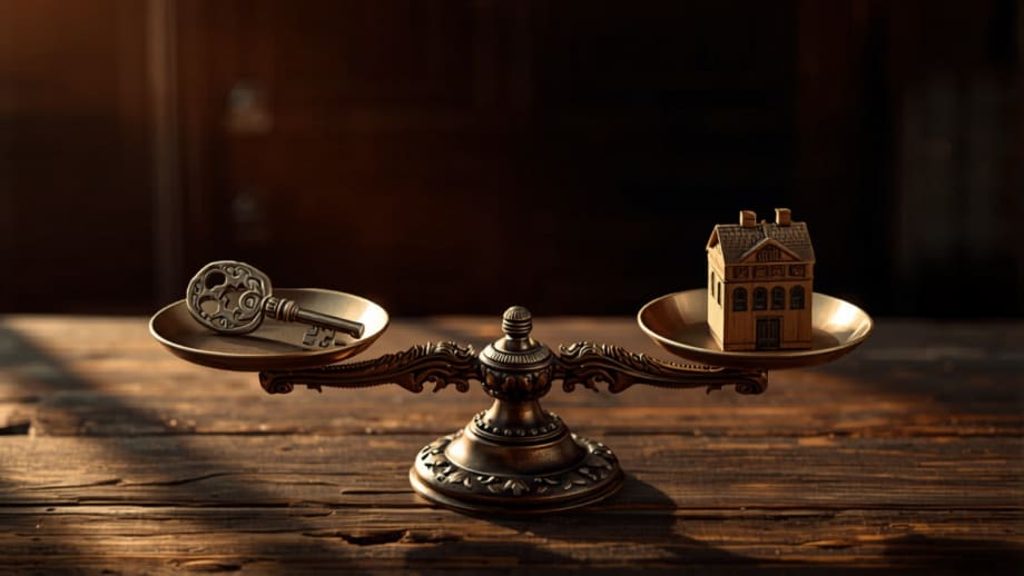 Balanza antigua de bronce sopesando una llave y una casa en miniatura