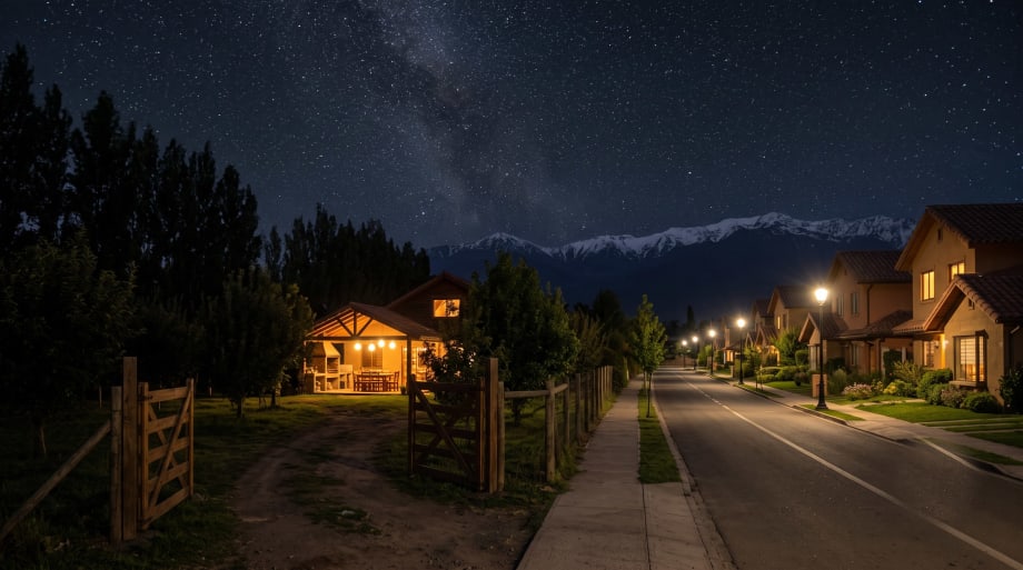 Portón de madera abierto hacia una casa con quincho y la cordillera de fondo en Padre Hurtado