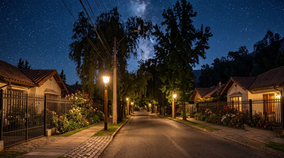 Calle arbolada de Peñaflor de noche con antejardines floridos y rejas de fierro forjado