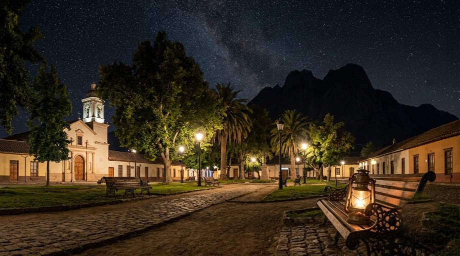 Plaza de San Bernardo de noche con un farol antiguo de estación y el cerro Chena al fondo