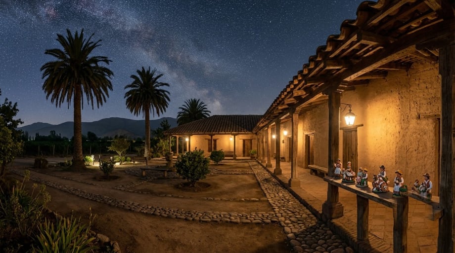 Casona de adobe de Talagante de noche con figuras de greda policromada en el corredor