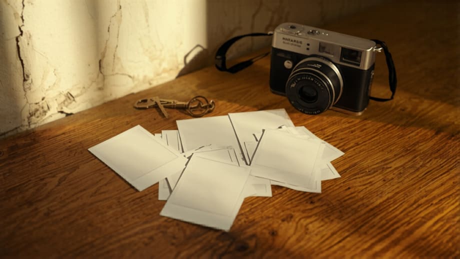 Fotos instantáneas en blanco y cámara vintage documentando una pared dañada