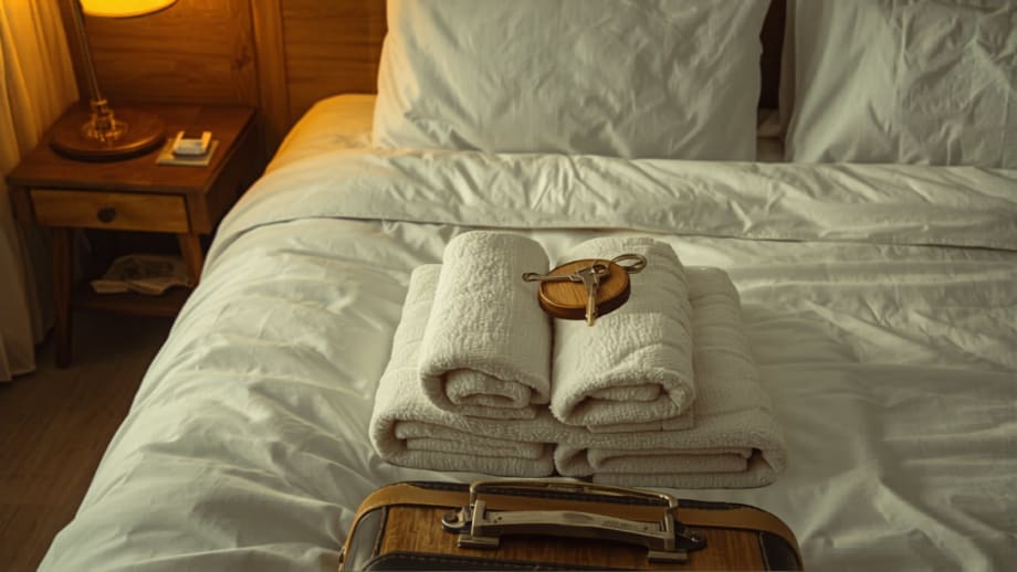 Cama con toallas en abanico, llave sobre la almohada y maleta al pie
