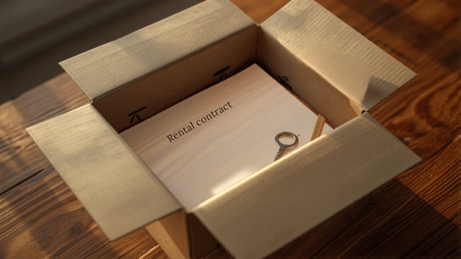 Contrato de arriendo dentro de una caja de mudanza con llave y cartel en blanco
