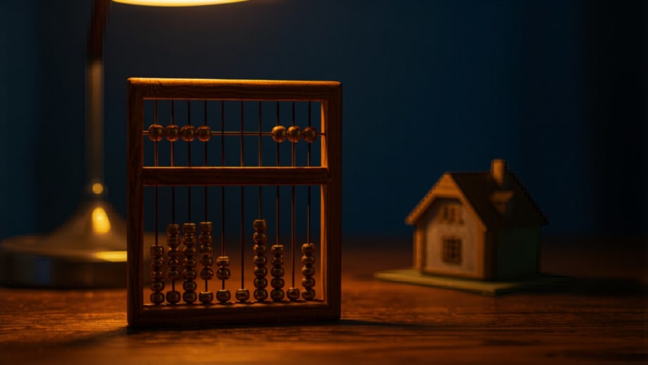 Ábaco antiguo de cuentas doradas junto a una maqueta de casa
