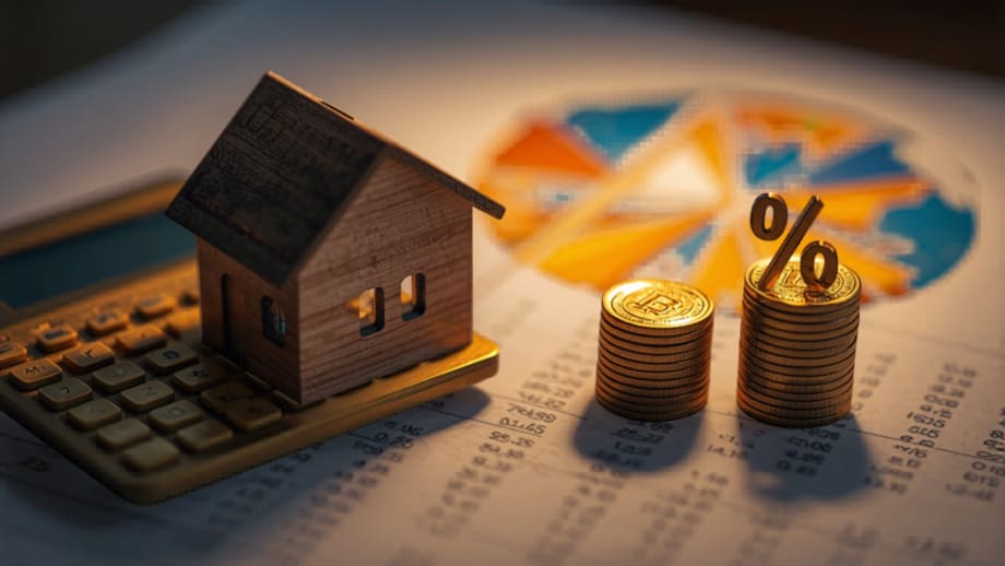 Casita sobre informe financiero con calculadora y porcentaje de monedas