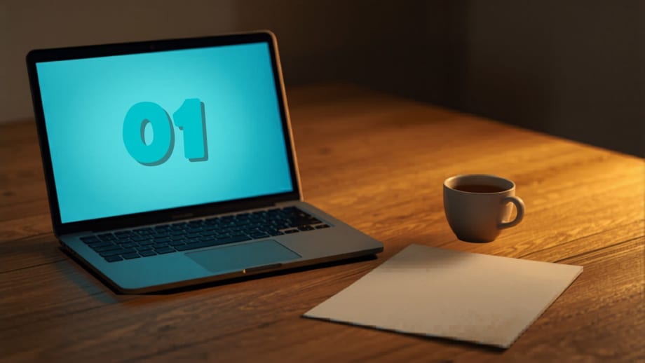 Portátil en mesa de comedor junto a boleta de contribuciones y taza de té