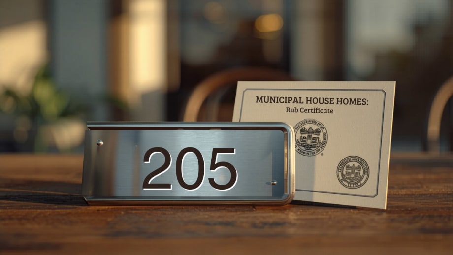 Placa de numeración metálica junto a certificado municipal con timbre