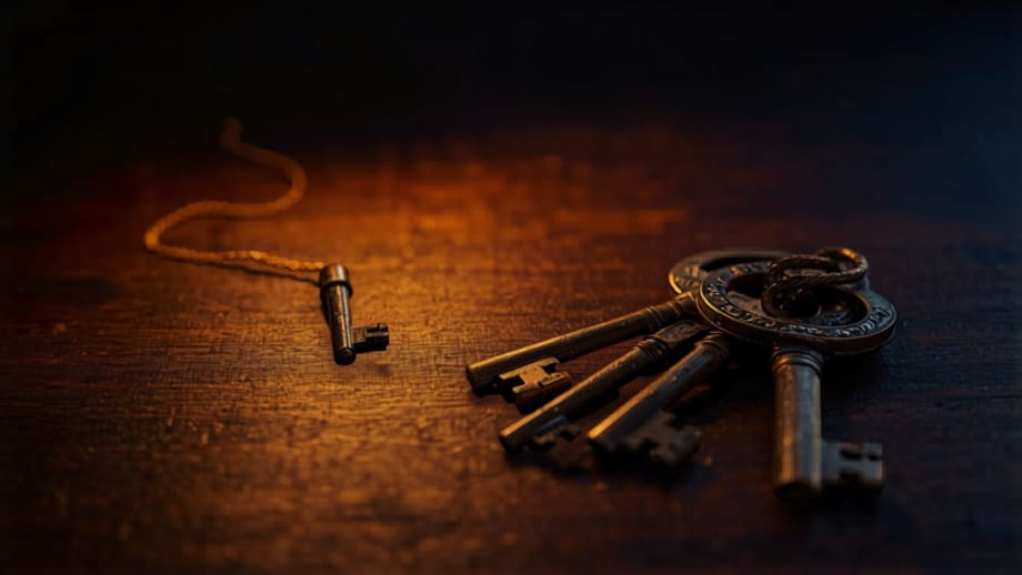 Tres llaves antiguas juntas y una apartada, con una escritura al centro