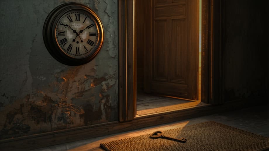 Reloj antiguo junto a puerta entreabierta con llave sobre el felpudo