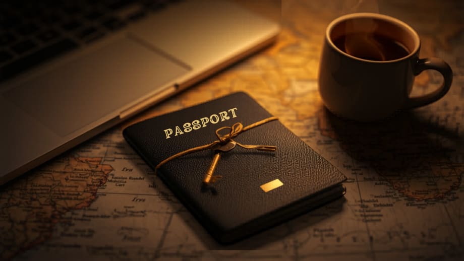 Pasaporte y llave con cinta dorada sobre un mapa junto a un portátil