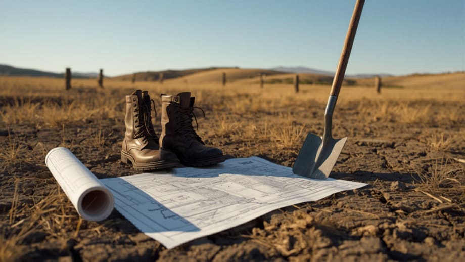 Botas de trabajo, plano y pala en un terreno con estacas y cerros al fondo