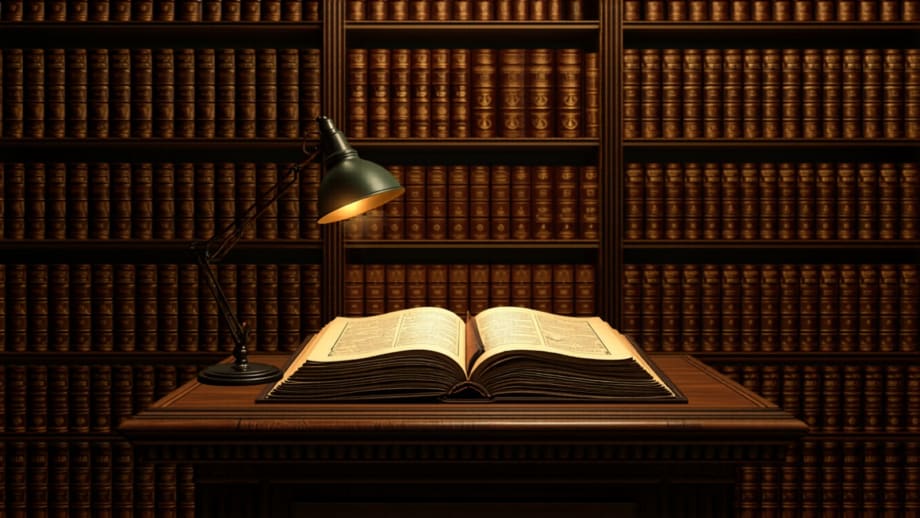 Libros de registro antiguos en estanterías con uno abierto sobre un atril