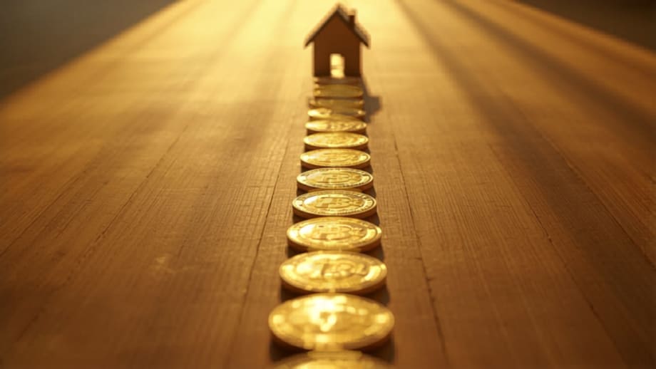 Fila de monedas doradas avanzando hacia una casita de madera