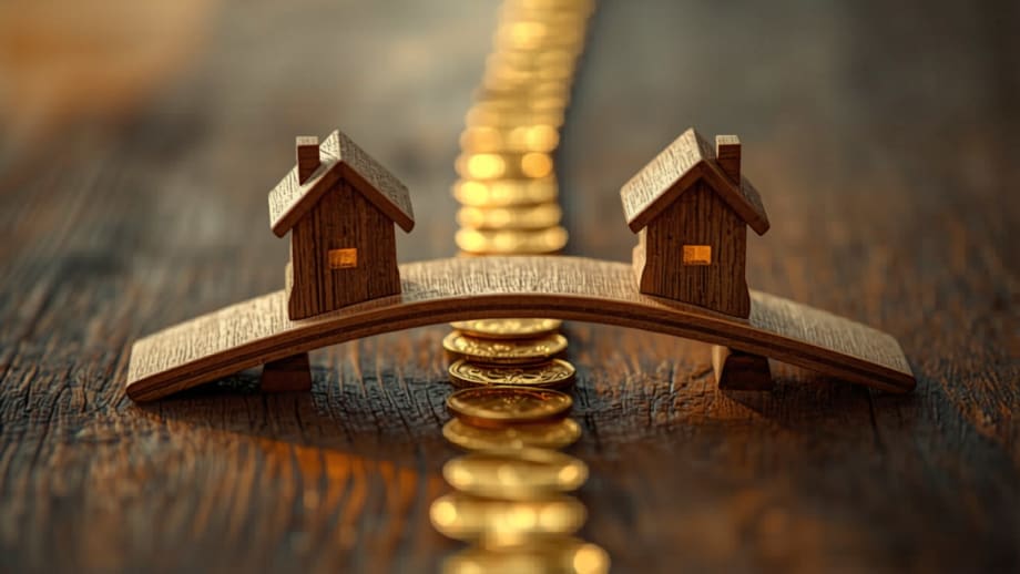 Puente de madera de juguete conectando dos casitas con monedas cruzando debajo