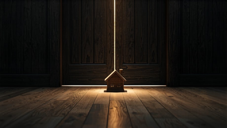 Casa en miniatura frente a una puerta cerrada con luz cálida saliendo por debajo