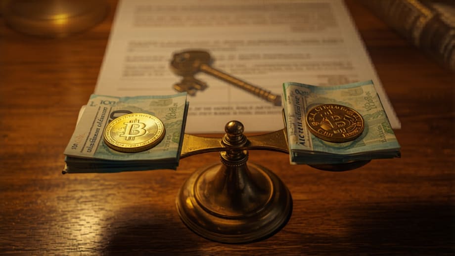 Balanza con moneda dorada y billetes, documento bancario y llave detrás