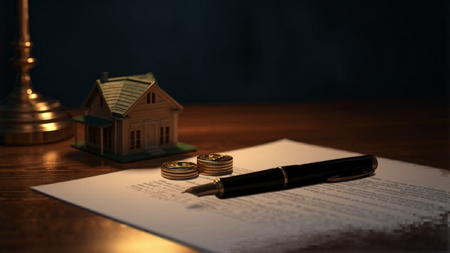 Maqueta de casa, monedas ordenadas y pluma sobre contrato en blanco