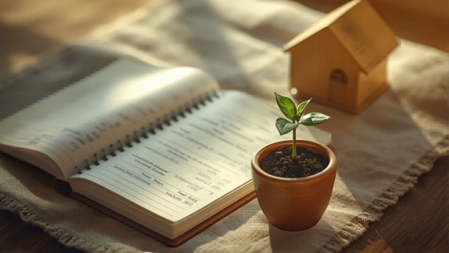 Libreta de ahorro abierta junto a brote en maceta y casita de madera