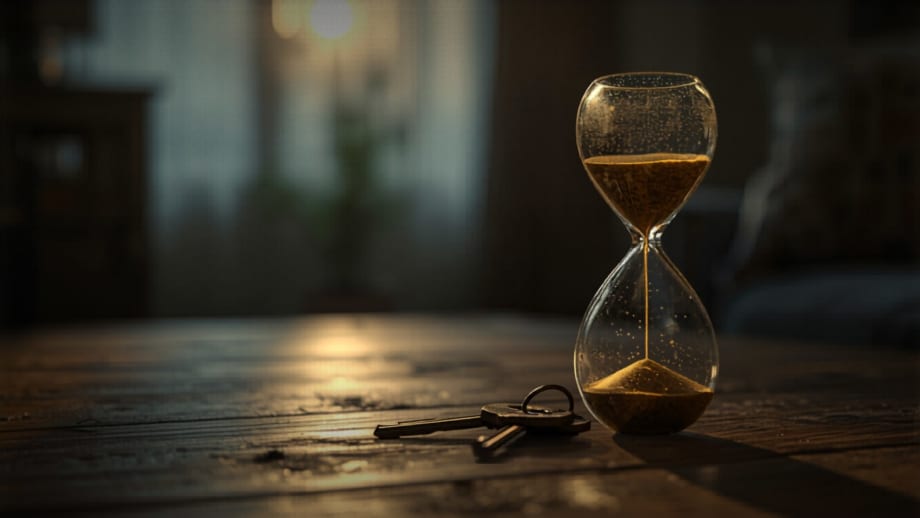 Reloj de arena dorada junto a llaves de casa sobre mesa de madera