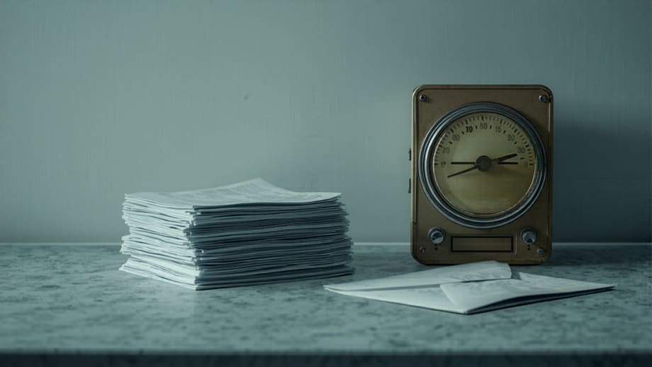 Boletas vencidas apiladas junto a medidor de luz y sobre de garantía abierto