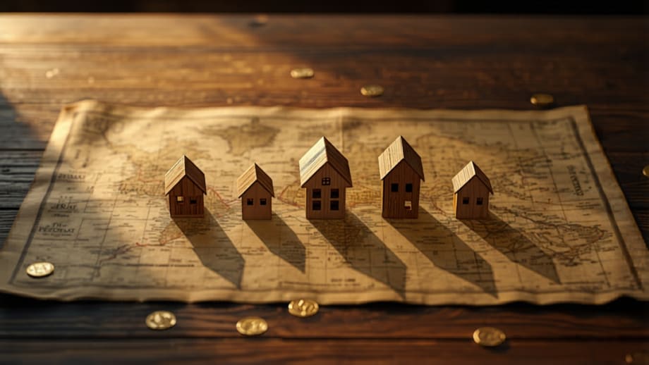 Casitas de distintos tipos repartidas sobre un mapa con local y terreno en miniatura