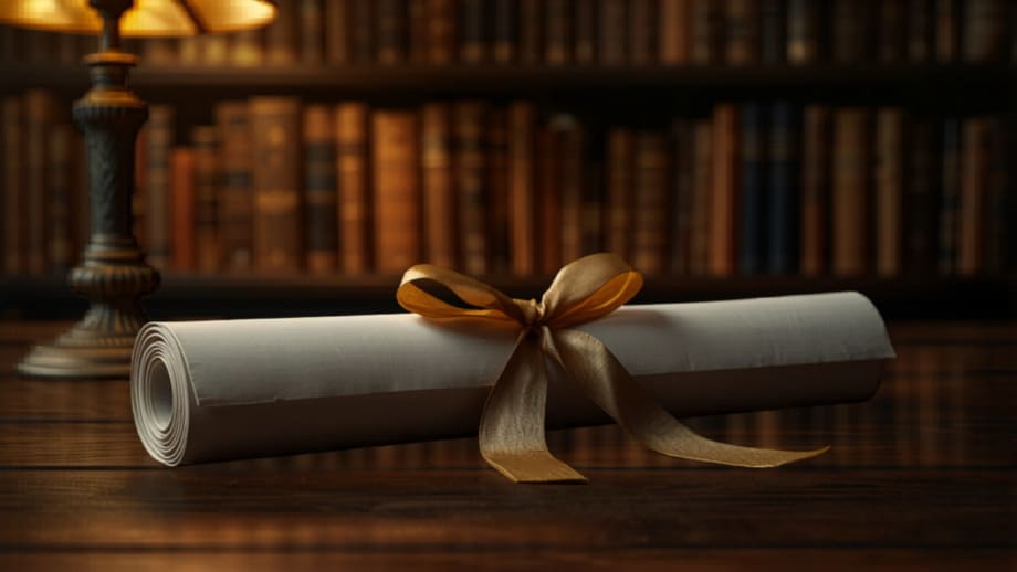 Certificado enrollado con cinta dorada frente a libros de registro antiguos
