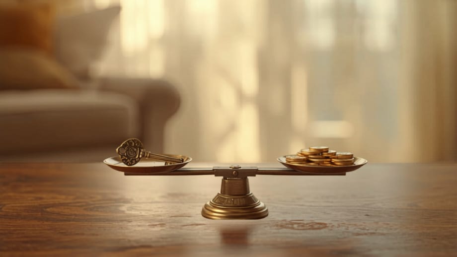 Balanza de bronce con una llave en un platillo y monedas en el otro