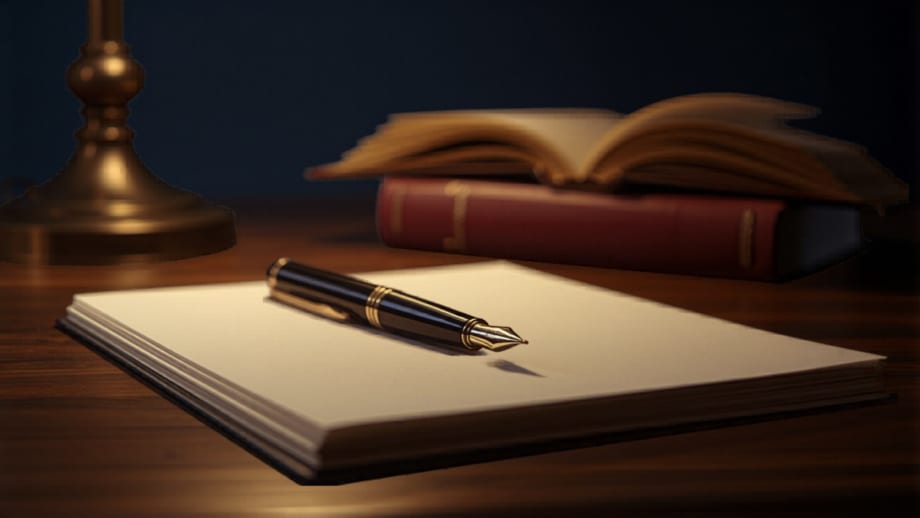 Pluma sobre un documento en blanco frente a un gran libro de registro abierto
