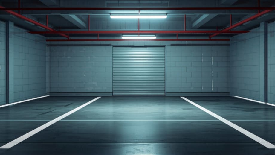 Estacionamiento subterráneo iluminado con un espacio vacío y bodega al fondo