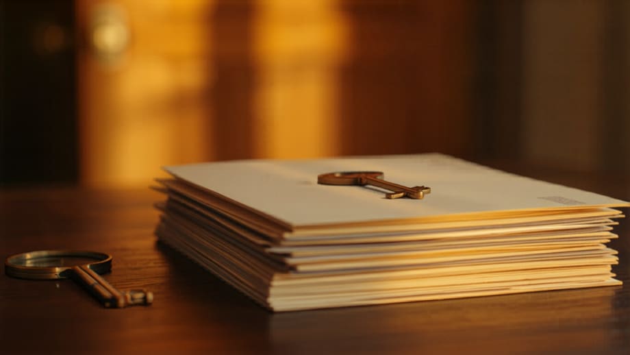 Llave de bronce sobre pila de documentos junto a una lupa