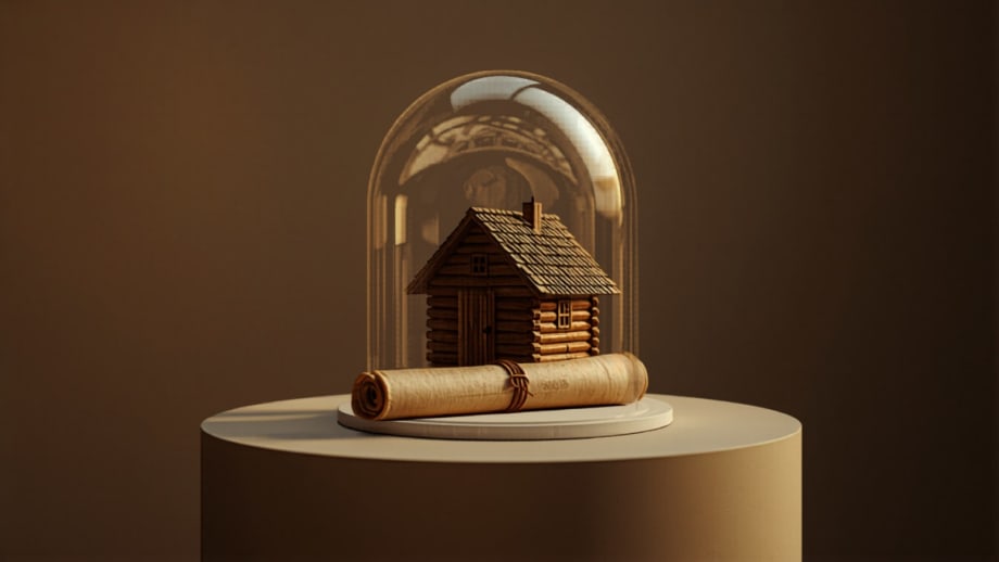 Casita de madera dentro de una urna de cristal con escritura al pie