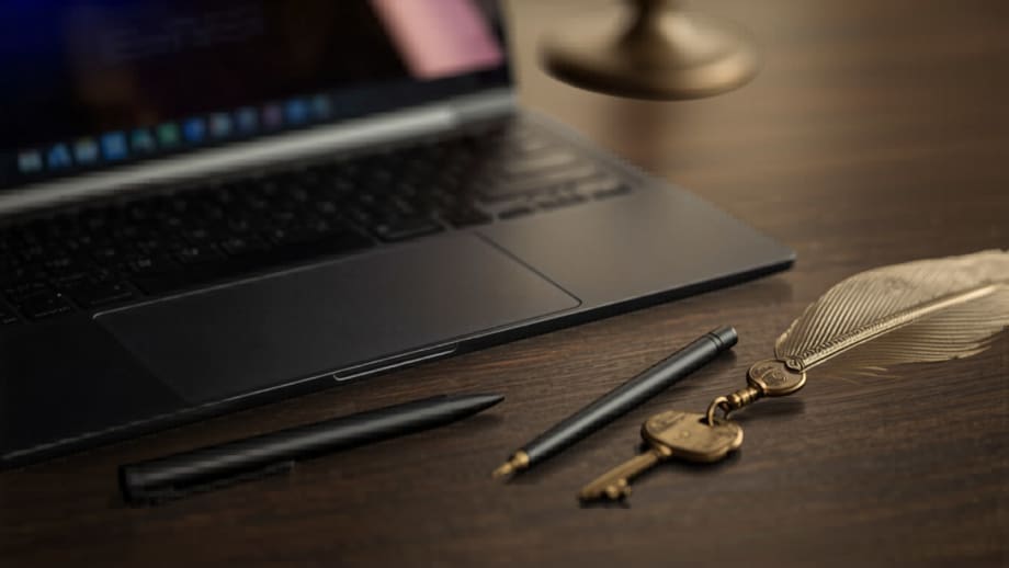 Portátil y lápiz óptico junto a pluma antigua y llave en escritorio de notaría