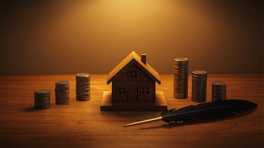 Casita de madera rodeada de pilas de monedas con pluma y timbre notarial